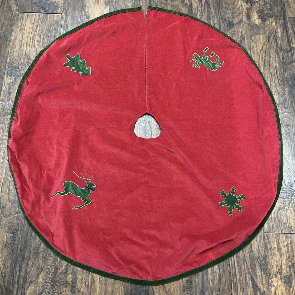 Red & Green Velvet Christmas Tree Skirt Reindeer Moose‎ Snowflake 43"